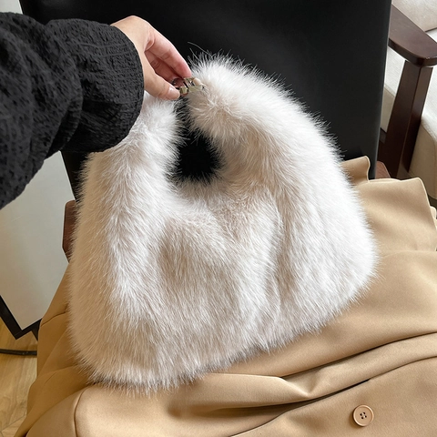Women Plush Faux Fur Shoulder Bag With Synthetic Leather Strap Zip Closure Winter Solid Color Handbag Elegant Versatile