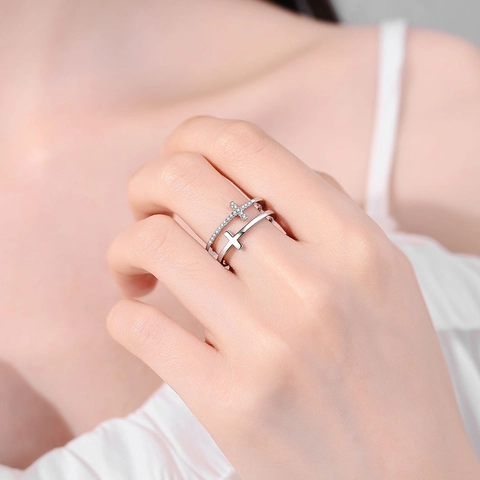Anello Croce A Doppio Strato Rame Zirconia Cubica Aperto Regolabile Gioielli Di Moda Per Donne