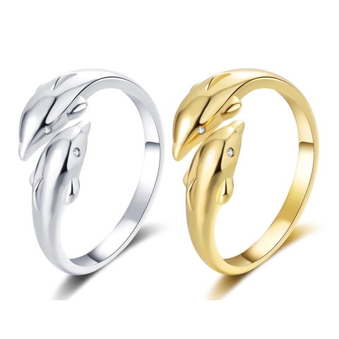 Anello Aperto Doppio Delfino Rame Strass Regolabile Design Animale Gioielli Minimalisti Regalo Donna