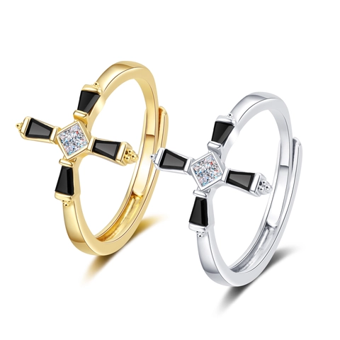 Kreuz Ring Kupfer Zirkon Schwarz Emaille Verstellbare Öffnung Minimalistische Gothik Stil Schmuck Für Damen