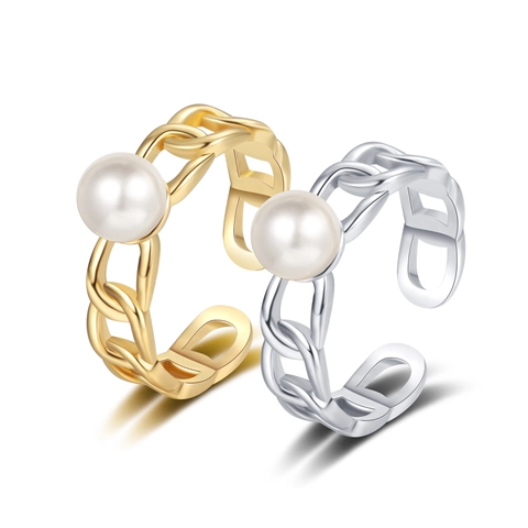 Geometric Chain Link Adjustable Ring With Faux Artificial Pearl Hollow Copper Open Finger Jewelry For Women Retro Style