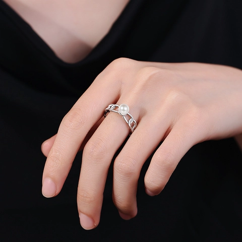 Geometric Chain Link Adjustable Ring With Faux Artificial Pearl Hollow Copper Open Finger Jewelry For Women Retro Style