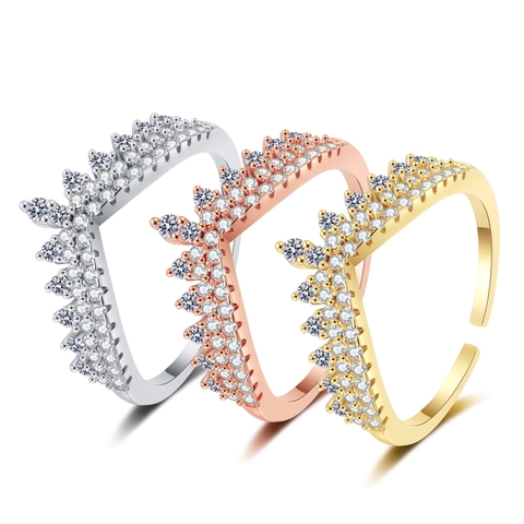 Fashion Crown V Shaped Open Ring Copper Cubic Zirconia Adjustable Finger Rings For Women Elegant Jewelry Gift