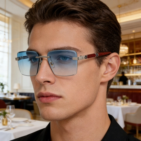 Randlose Rechteckige Photochromatische Sonnenbrille Mit Holzmaserung Bügeln Und Metallsteg UV400 Schutz Luxus Brillen