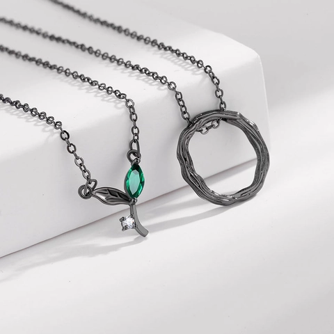 Collier En Cuivre Avec Pendentifs Feuille Et Cercle Anneau Annuel Zircon Noir Gunmetal Style Forêt Pour Hommes Femmes
