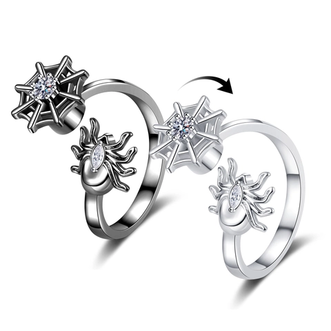 Spider Web Rotating Fidget Ring For Women Anxiety Relief Copper Zircon Inlaid Gothic Punk Adjustable Jewelry