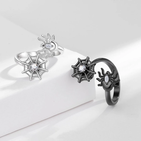 Spider Web Rotating Fidget Ring For Women Anxiety Relief Copper Zircon Inlaid Gothic Punk Adjustable Jewelry