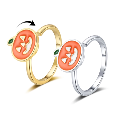 Rotatable Pumpkin Ring Copper Enamel Adjustable Open Band Halloween Fidget Jewelry For Anxiety Relief Women Trendy Cute