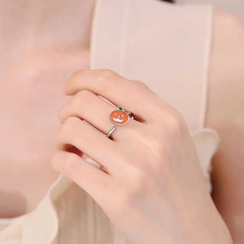 Rotatable Pumpkin Ring Copper Enamel Adjustable Open Band Halloween Fidget Jewelry For Anxiety Relief Women Trendy Cute