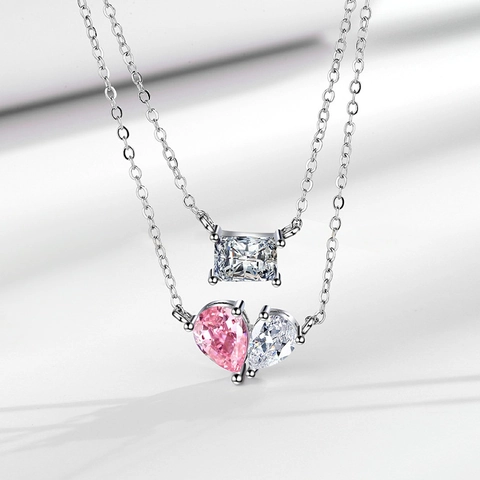 Lagenhalskette Kupfer Rosa Herz Und Rechteckiger Zirkonia Anhänger Süß Elegant Koreanischer Stil Leicht Luxus Für Damen