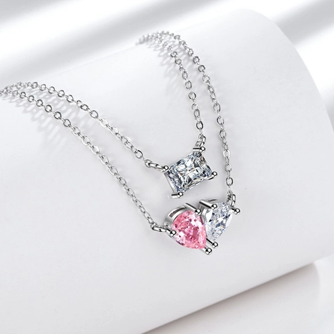 Lagenhalskette Kupfer Rosa Herz Und Rechteckiger Zirkonia Anhänger Süß Elegant Koreanischer Stil Leicht Luxus Für Damen