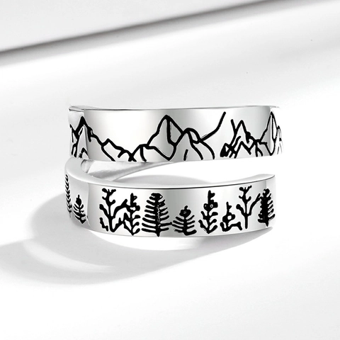 Retro Gebirgs Und Waldmuster Kupferring Verstellbares Offenes Band Schmuck Für Paare Männer Frauen Vintage Stil