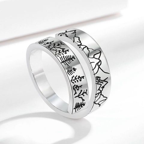 Retro Gebirgs Und Waldmuster Kupferring Verstellbares Offenes Band Schmuck Für Paare Männer Frauen Vintage Stil