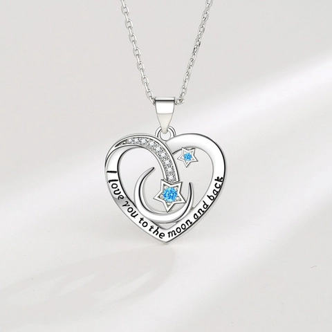 Collar Colgante Corazón Luna Estrella Cobre Circón Azul Grabado I Love You To The Moon And Back Joyería Mujer Regalo