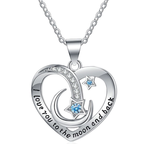 Collar Colgante Corazón Luna Estrella Cobre Circón Azul Grabado I Love You To The Moon And Back Joyería Mujer Regalo