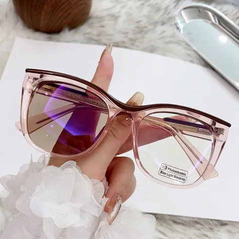 Gafas de Sol para Mujer de Moda Ojo de Gato Fotocromáticas Bloqueo de Luz Azul Montura de PC Cambio de Color UV400