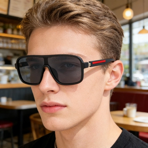 Fashion Oversized Square Sunglasses For Men Flat Top One Piece Lens PC Frame UV400 Outdoor Driving Sporty Red Stripe