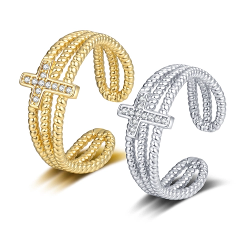 Layered Rope Twist Cross Ring Copper Micro Paved Zircon Adjustable Open Band Vintage Trendy Jewelry For Women
