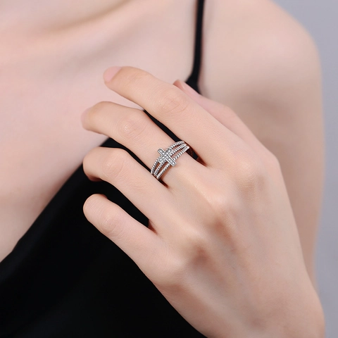 Layered Rope Twist Cross Ring Copper Micro Paved Zircon Adjustable Open Band Vintage Trendy Jewelry For Women