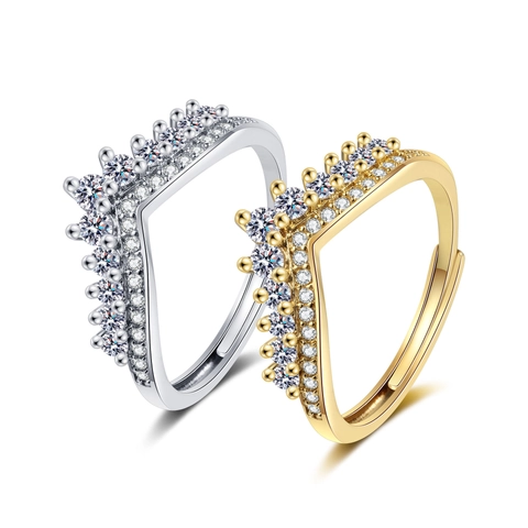 Elegante Kroon V-Vormige Ring Koper Cubic Zirconia Verstelbare Open Vinger Sieraden Voor Dames Klassiek Chic