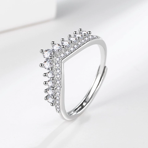 Elegante Kroon V-Vormige Ring Koper Cubic Zirconia Verstelbare Open Vinger Sieraden Voor Dames Klassiek Chic