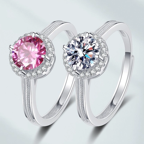 Halo Round Moissanite Ring For Women Cluster Cubic Zirconia Adjustable Open Copper Ring Silver Plated Milgrain Jewelry