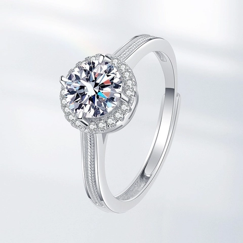 Halo Round Moissanite Ring For Women Cluster Cubic Zirconia Adjustable Open Copper Ring Silver Plated Milgrain Jewelry