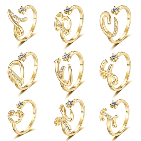 Initial Buchstaben Ring Damen Kupfer Vergoldet Offen Verstellbar Alphabet A-Z Zirkonia Schmuck