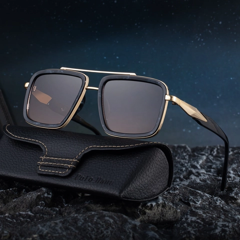 Men Polarized Sunglasses Retro Square Frame Double Bridge Metal And PC UV400 Protection Fashion Driving Eyewear