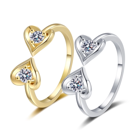 Bague Ajustable Coeur Jumeau Cuivre Zircon Cubique Bijoux Mode Minimaliste Pour Femmes Accessoire De Doigt Élégant