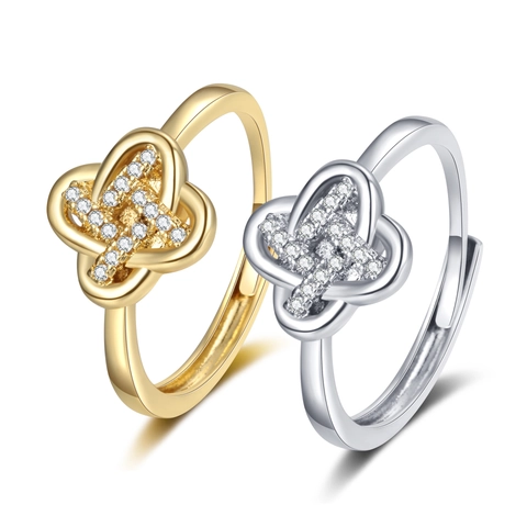Clover Open Adjustable Ring Copper Cubic Zirconia Pave Hollow Flower Fashion Jewelry For Women Elegant Gift