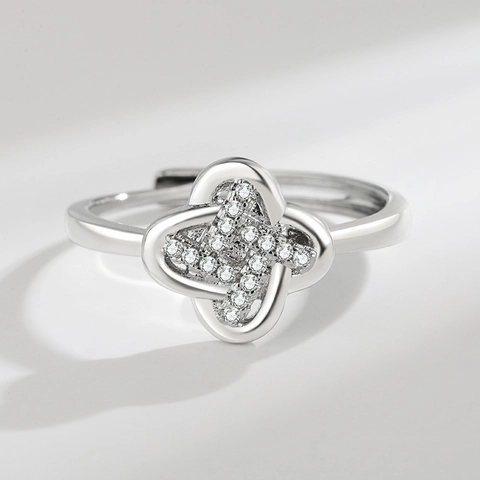 Clover Open Adjustable Ring Copper Cubic Zirconia Pave Hollow Flower Fashion Jewelry For Women Elegant Gift