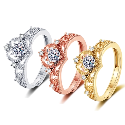 Crown Ring Copper Zircon Rhinestone Adjustable Open Hollow Fashion Gift For Women