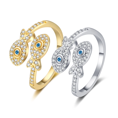 Double Fish Open Ring Copper Paved White Cubic Zirconia Blue Eye Adjustable Fashion Jewelry For Women