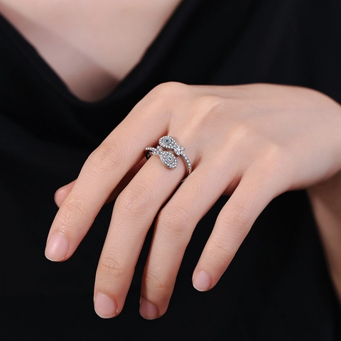 Double Fish Open Ring Copper Paved White Cubic Zirconia Blue Eye Adjustable Fashion Jewelry For Women
