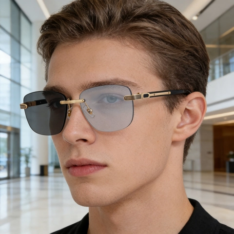 Lunettes De Soleil Rectangulaires Sans Monture Pour Hommes Métal Et Grain De Bois Photochromiques Conduite Extérieur Rétro Luxe