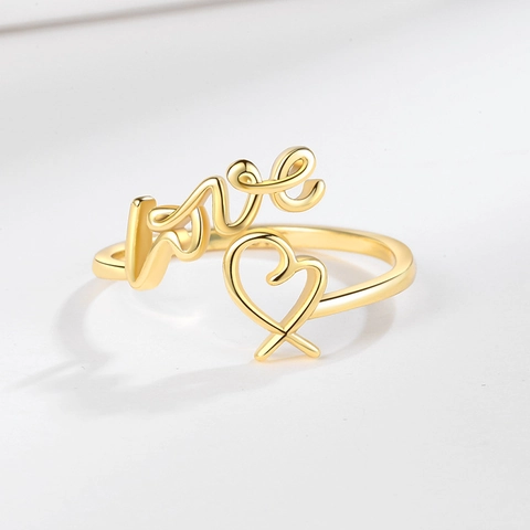 Copper Ring For Women Love Letter Heart Shaped Hollow Design Adjustable Opening Fashion Jewelry Romantic Gift