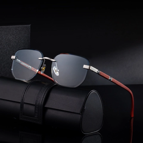 Rimless Photochromic Sunglasses For Men Women Wood Grain Temple Metal Bridge UV400 Protection Square Business Fashion