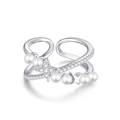 Double Layer Star Artificial Pearl Open Ring Copper Zircon Inlaid Adjustable Fashion Jewelry For Women