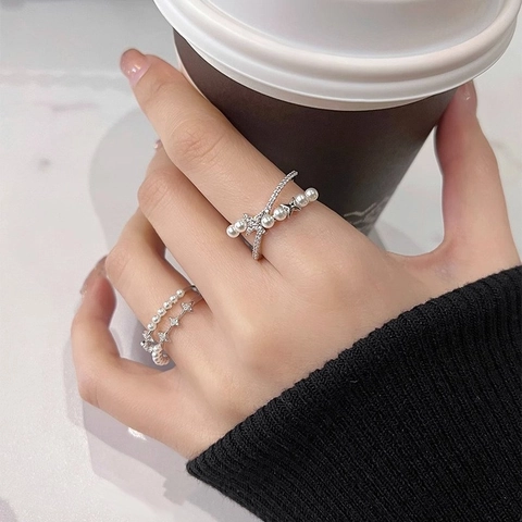 Double Layer Star Artificial Pearl Open Ring Copper Zircon Inlaid Adjustable Fashion Jewelry For Women