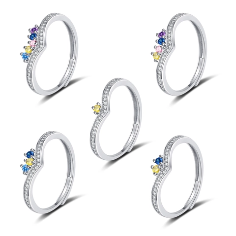 Geometric V Shaped Copper Ring With Colorful Zirconia Micro Paved Rainbow Adjustable Open Finger Jewelry For Women
