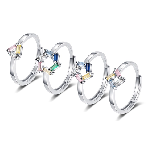 Anillo Abierto De Circón Colorido De Moda Cobre Corte Baguette Geométrico Minimalista Joyería Arcoíris Para Mujeres Ajustable