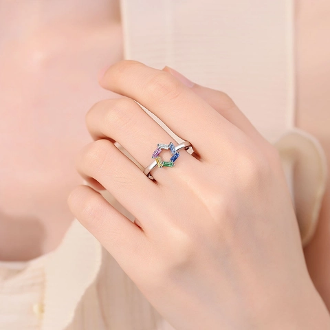 Anillo Abierto De Circón Colorido De Moda Cobre Corte Baguette Geométrico Minimalista Joyería Arcoíris Para Mujeres Ajustable