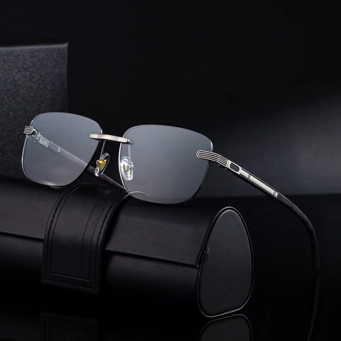 Lunettes De Soleil Rectangulaires Sans Monture Pour Hommes Métal Et Grain De Bois Photochromiques Conduite Extérieur Rétro Luxe
