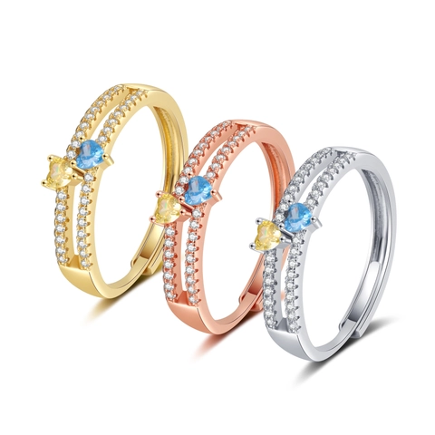 Anello Aperto Regolabile Cuore Doppio Strato Rame Con Pietre Cuore Gialle Blu Zirconia Cubica Moda Per Donna