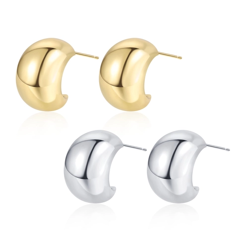 Chunky C-Vormige Ring Knopoorbellen Voor Vrouwen Minimalistisch Hoogglans Gepolijst 18K Vergulde Sieraden Met Zilveren Oorsteker