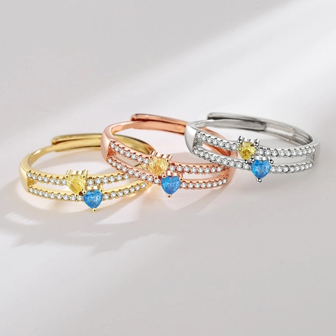 Anello Aperto Regolabile Cuore Doppio Strato Rame Con Pietre Cuore Gialle Blu Zirconia Cubica Moda Per Donna