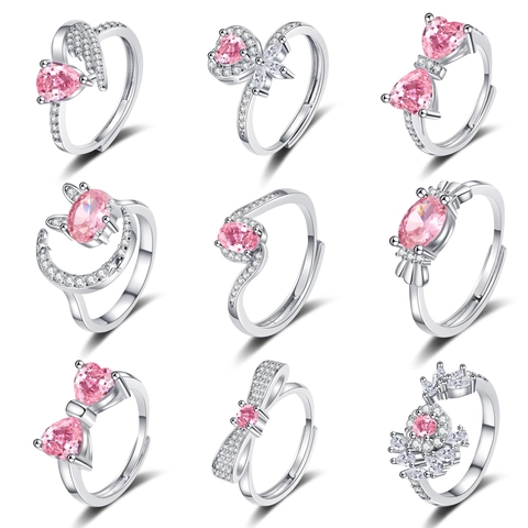 Pink Heart Zircon Adjustable Open Ring Copper Silver Plated For Women Romantic Sweet Style Trendy Accessory