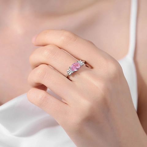 Pink Heart Zircon Adjustable Open Ring Copper Silver Plated For Women Romantic Sweet Style Trendy Accessory