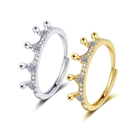 Copper Cubic Zirconia Crown Ring Adjustable Open Finger Jewelry Fashion Elegant Princess Style For Women
